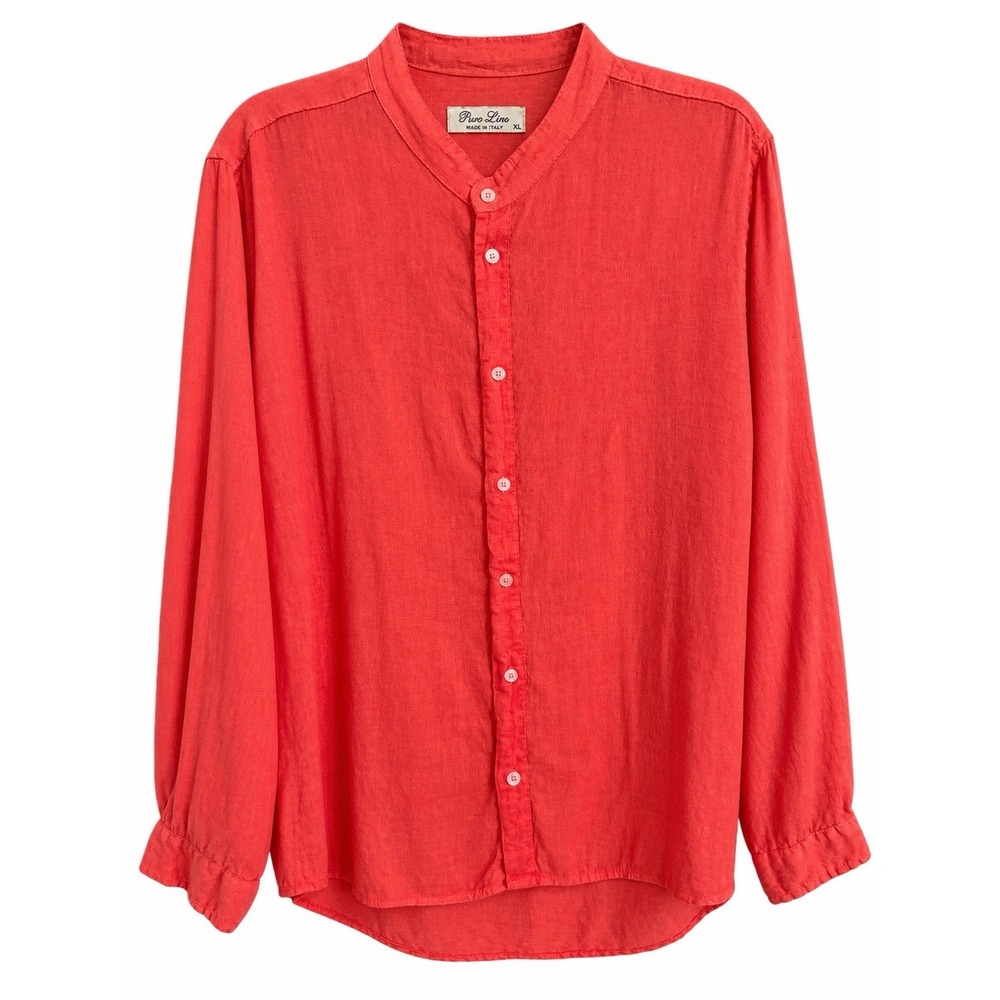 Italian Linen Shirt XL Tomato Red Button Front Lagenlook Fall Layering Blouse